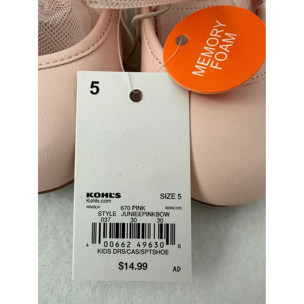 Jumping Beans Toddler Girls Pink Ballet Flats Tulle Bow Memory Foam Size 5 NEW